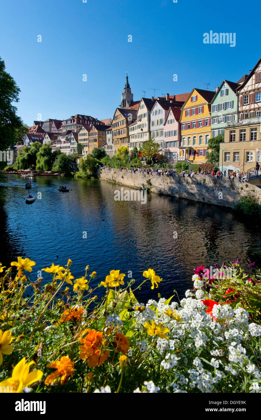 Neckarfront, maisons historiques sur le Neckar, fleurs, Tuebingen, Bade-Wurtemberg Banque D'Images