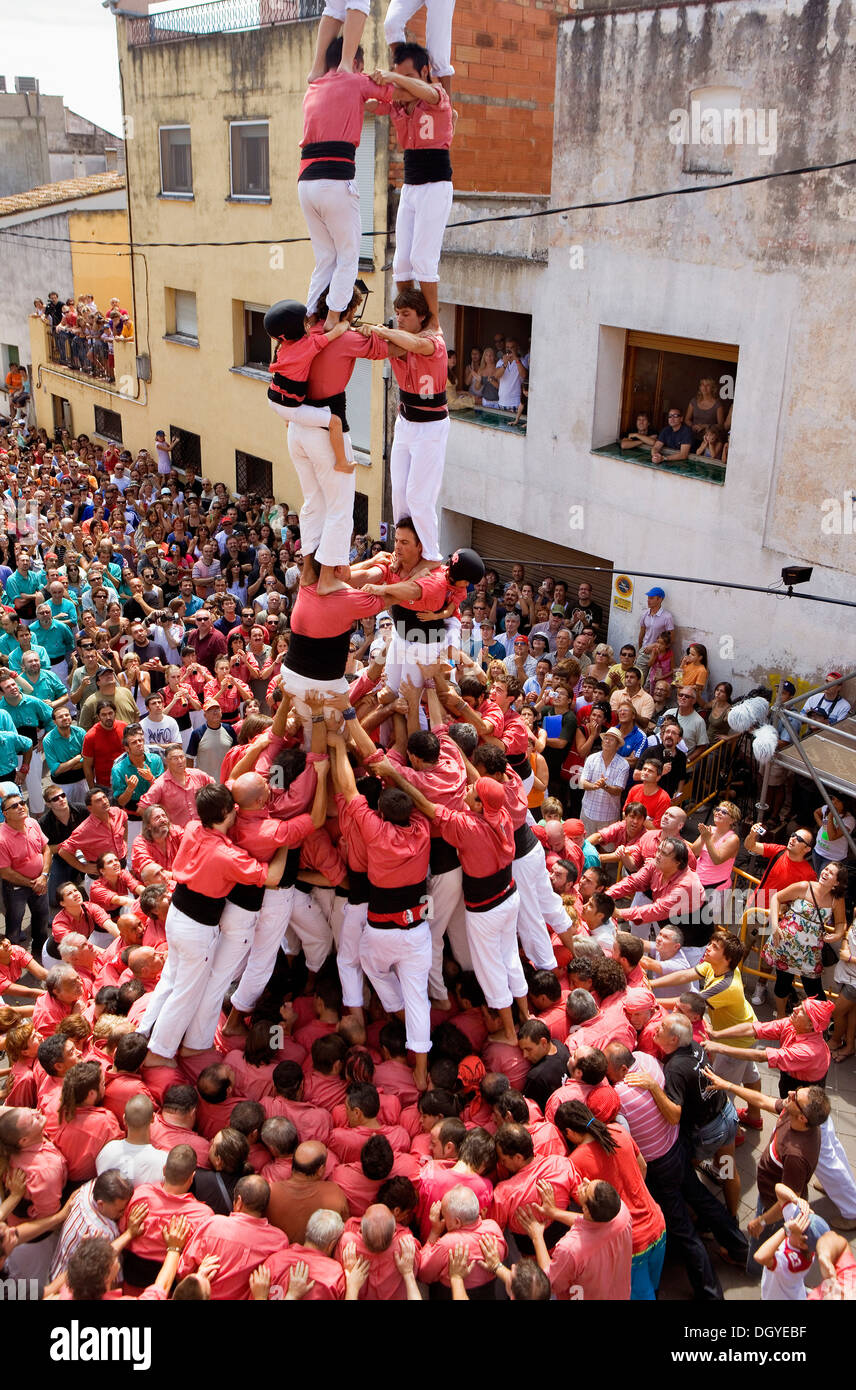 Colla Vella Xiquets de Valls.'Castellers' les capacités humaines tower.Dr Robert street.La Bisbal del Penedès. Province de Tarragone, Espagne Banque D'Images