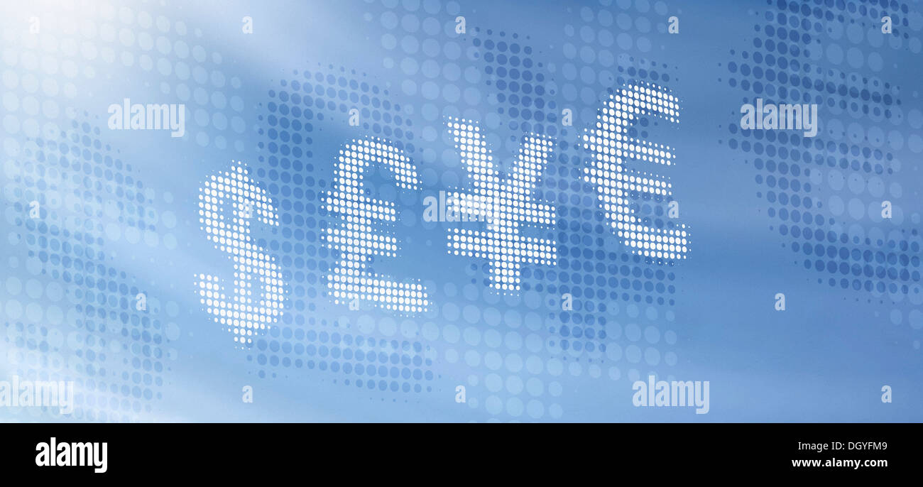 Divers international currency symbols against abstract surface Banque D'Images