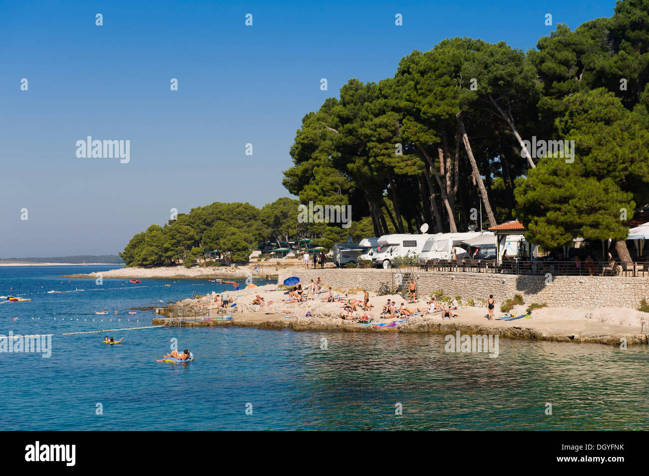 Camping Cikat site par la mer, le Mali Losinj, Losinj Island, Mer Adriatique, golfe de Kvarner, Croatie, Europe Banque D'Images