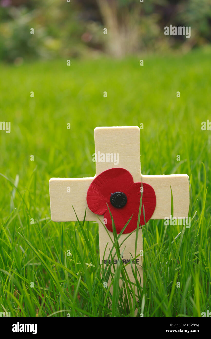 Jour du souvenir coquelicot rouge avec croix de bois sur une pelouse verte Banque D'Images