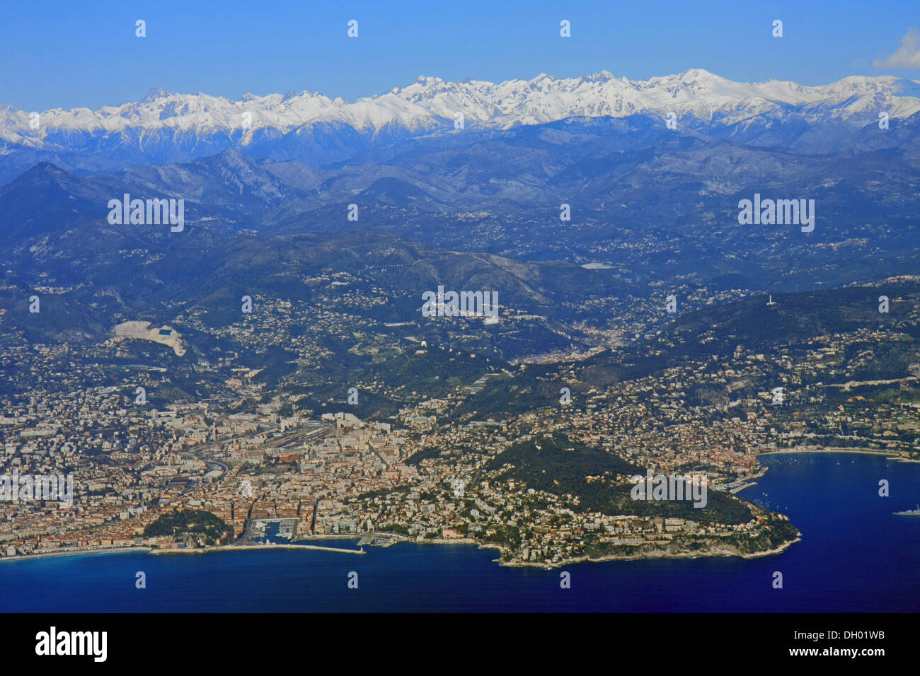 Par antenne, Nice et son arrière-pays, à droite la baie de Villefranche, Département Alpes Maritimes, Région Provence Alpes Banque D'Images