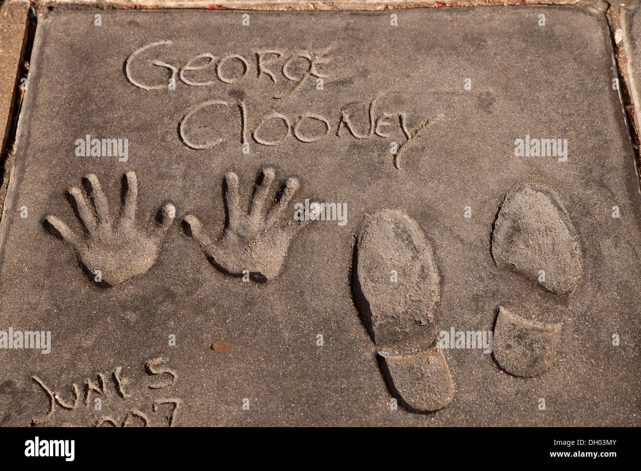 Empreintes et traces de George Clooney sur Hollywood Boulevard, Hollywood, Los Angeles, California, United States Banque D'Images