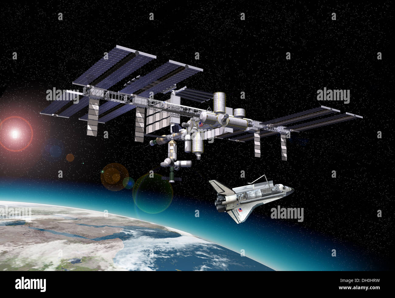Station spatiale internationale (ISS) en orbite autour de la Terre, à l'aéroport. avec quelques effets starlights et la terre en bas. Banque D'Images