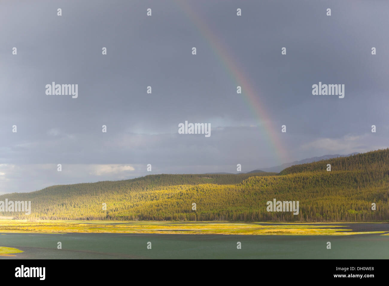 Les nuages lourds et arc-en-ciel sur le lac Marsh, cours supérieur du fleuve Yukon, près de Whitehorse, Territoire du Yukon, Canada Banque D'Images