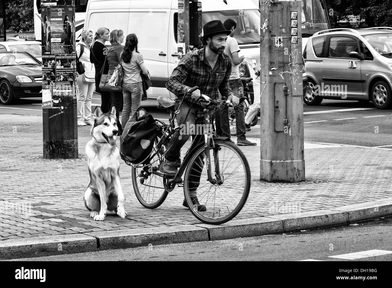 Un homme sur un vélo et un chien en laisse. Noir et blanc. Berlin. Allemagne Banque D'Images