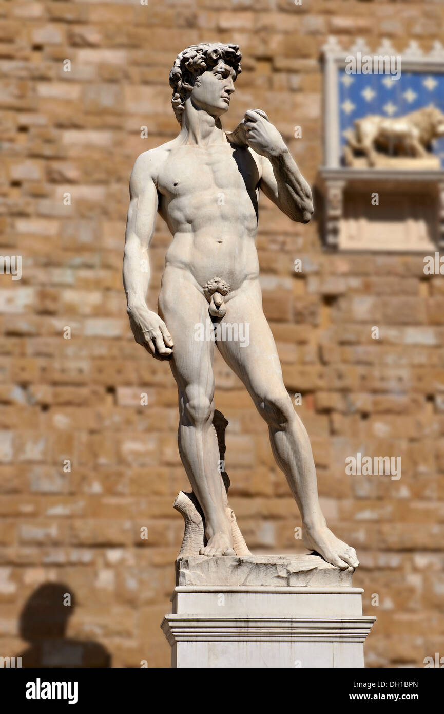 Sculpture de David en face du Palazzo Vecchio, Piazza della Signoria à Florence, Italie, Banque D'Images