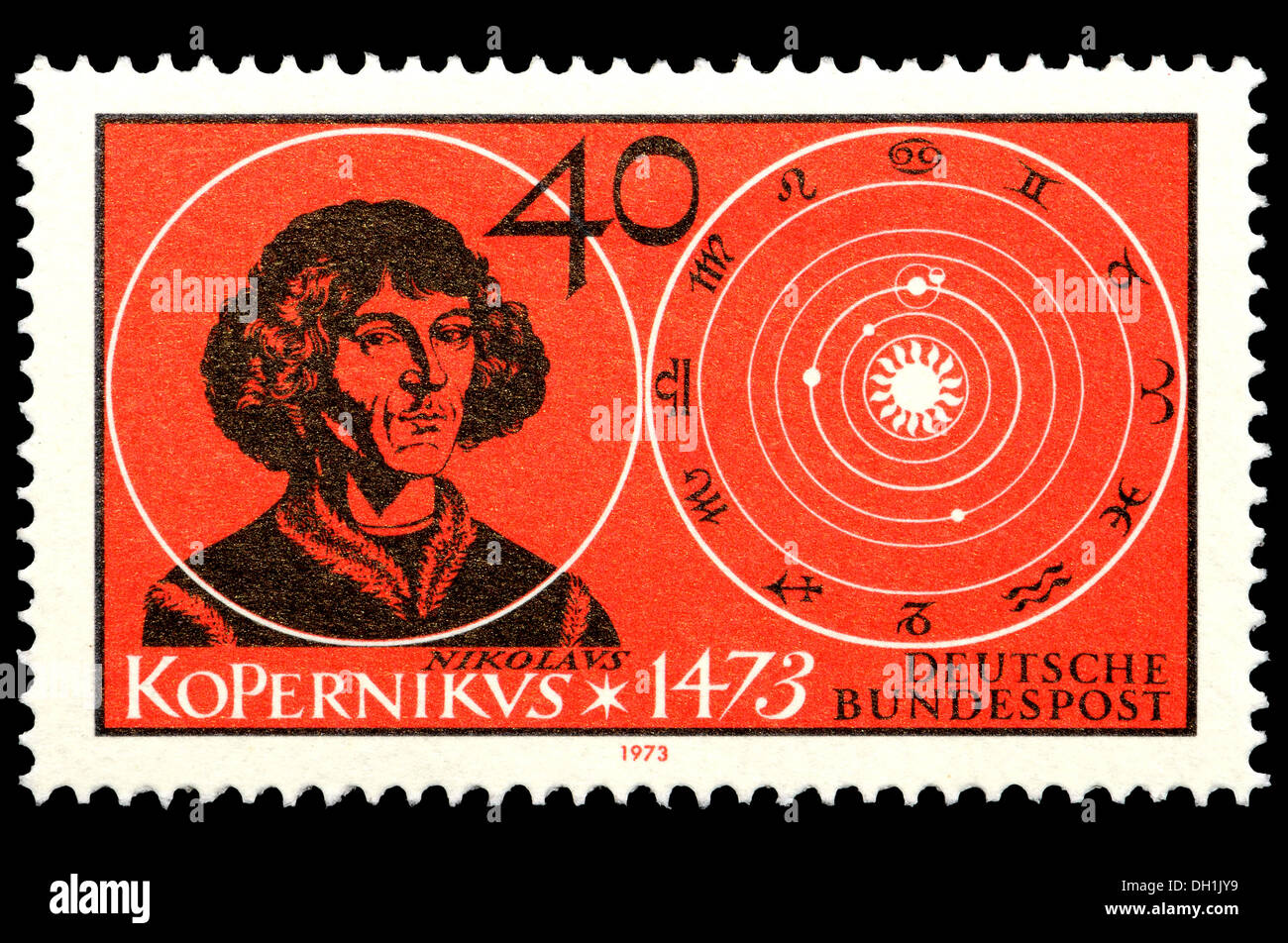 Portrait de Nicolas Copernic (1473-1843 astronome et mathématicien polonais :) sur timbre-poste allemand. Banque D'Images