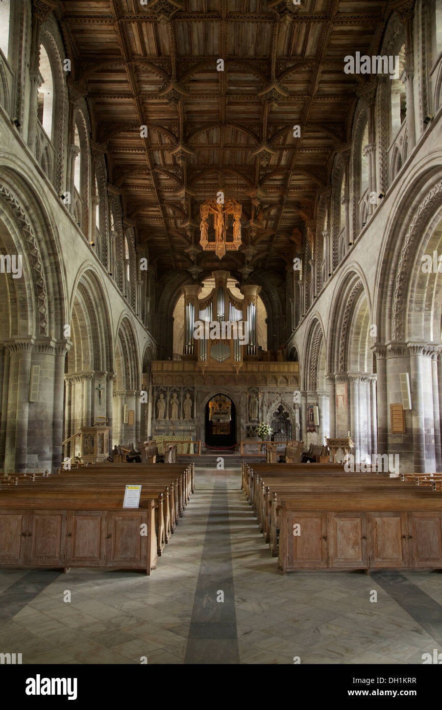 Vue intérieure de la cathédrale de St David's à la recherche en bas de la nef vers l'écran et orgue Banque D'Images