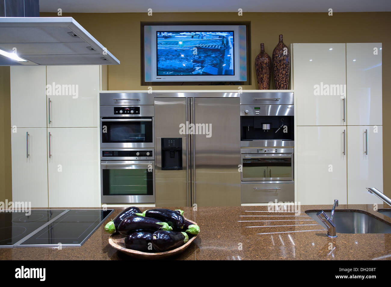 Plat d'aubergines sur le plan de travail avec évier et plaque à induction  dans la cuisine moderne avec télévision à écran plat mural au-dessus d'un  four Photo Stock - Alamy
