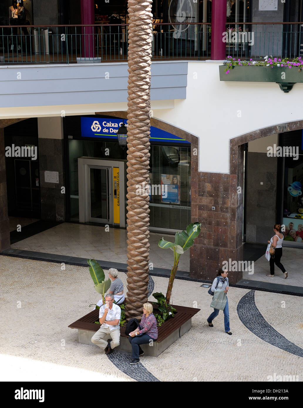 Portugal madère. séance de shopping à la base d'un palmier à l'intérieur du centre commercial Forum Banque D'Images