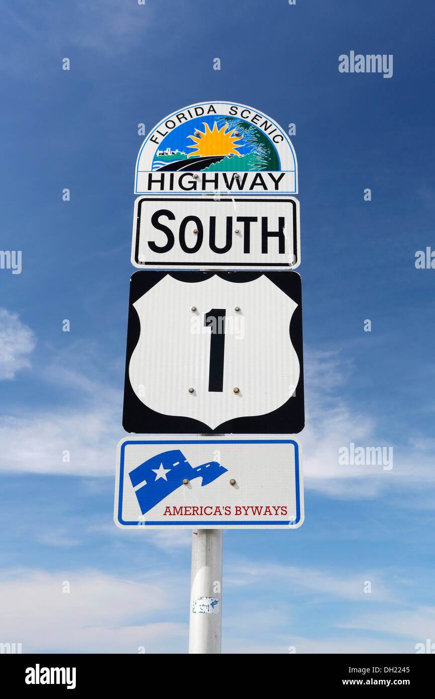 Signe de route, de la route panoramique de la Floride 1, l'Overseas Highway à Key West, Upper Matecumbe Key, Florida Keys, Florida, United States Banque D'Images