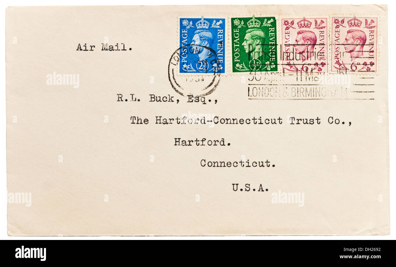 1951 British air-mail enveloppe avec le roi George VI stamps abordées Nord. Banque D'Images