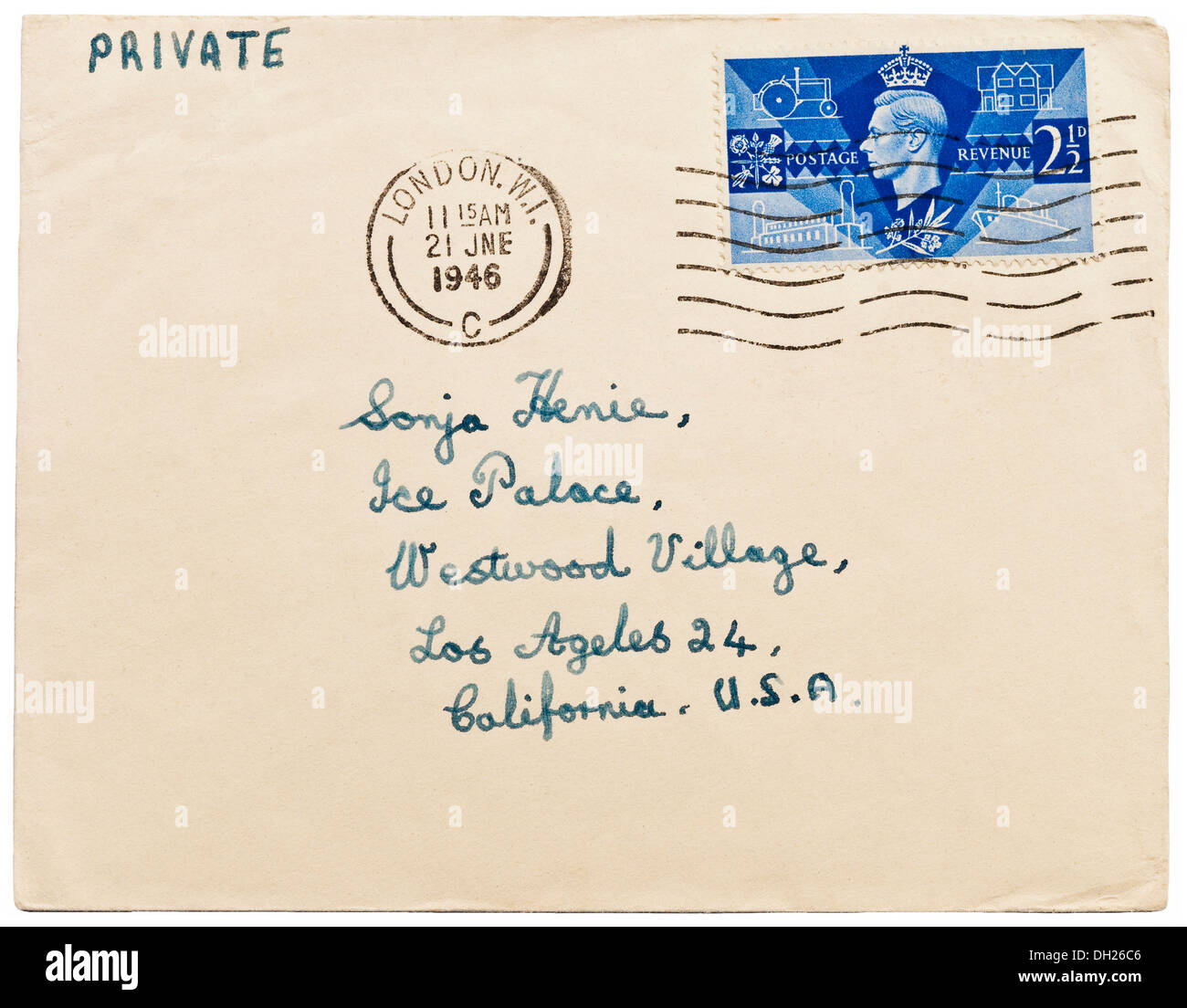 1946 British 'fan mail' enveloppe avec le roi George VI stamp adressée à la patinoire Sonja Henie star en Amérique. Banque D'Images