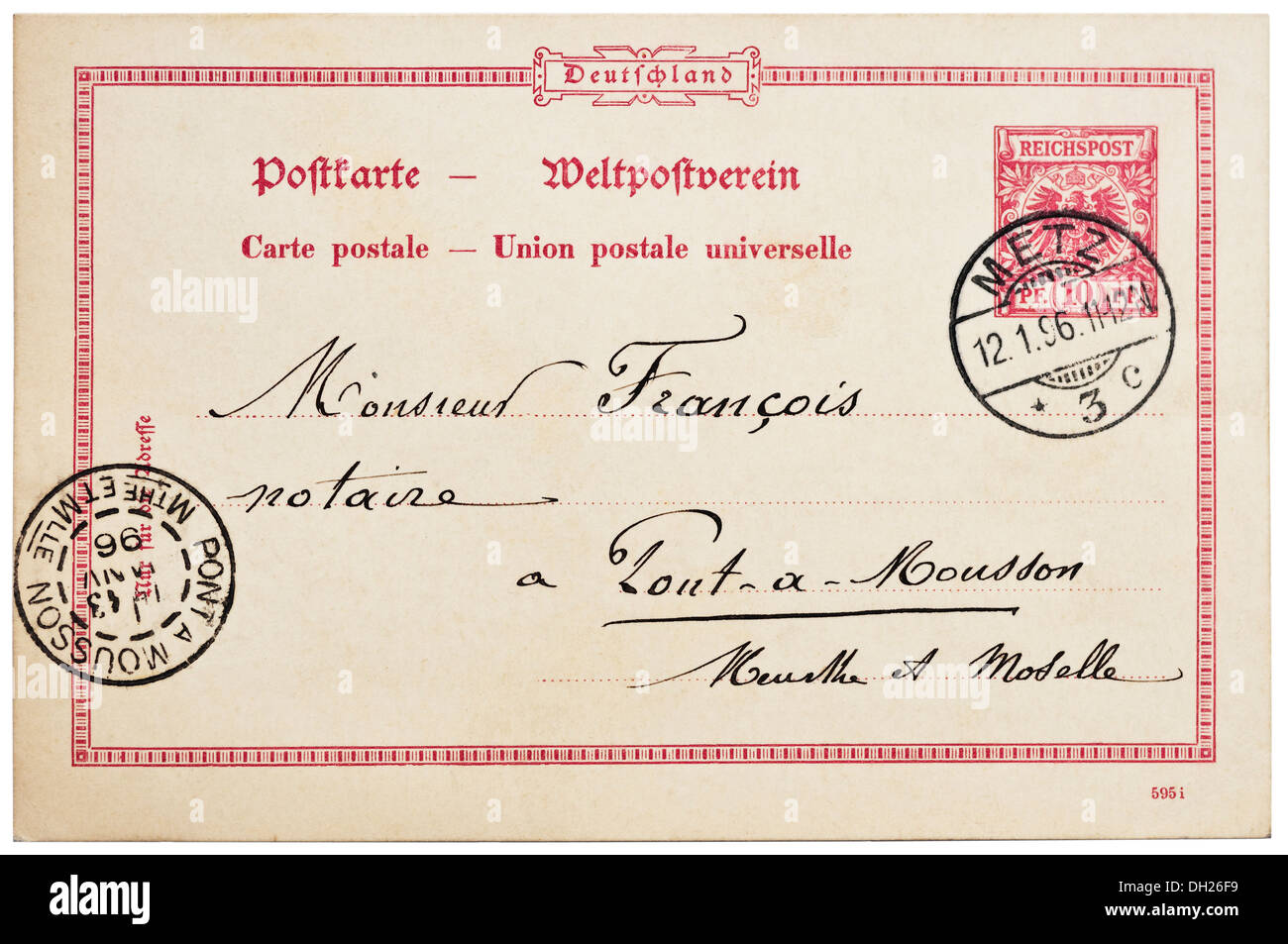 1896 Carte postale allemande avec l'Allemand 10 pfennig cachet (le cachet de la France de l'occupation allemande) Metz. Banque D'Images