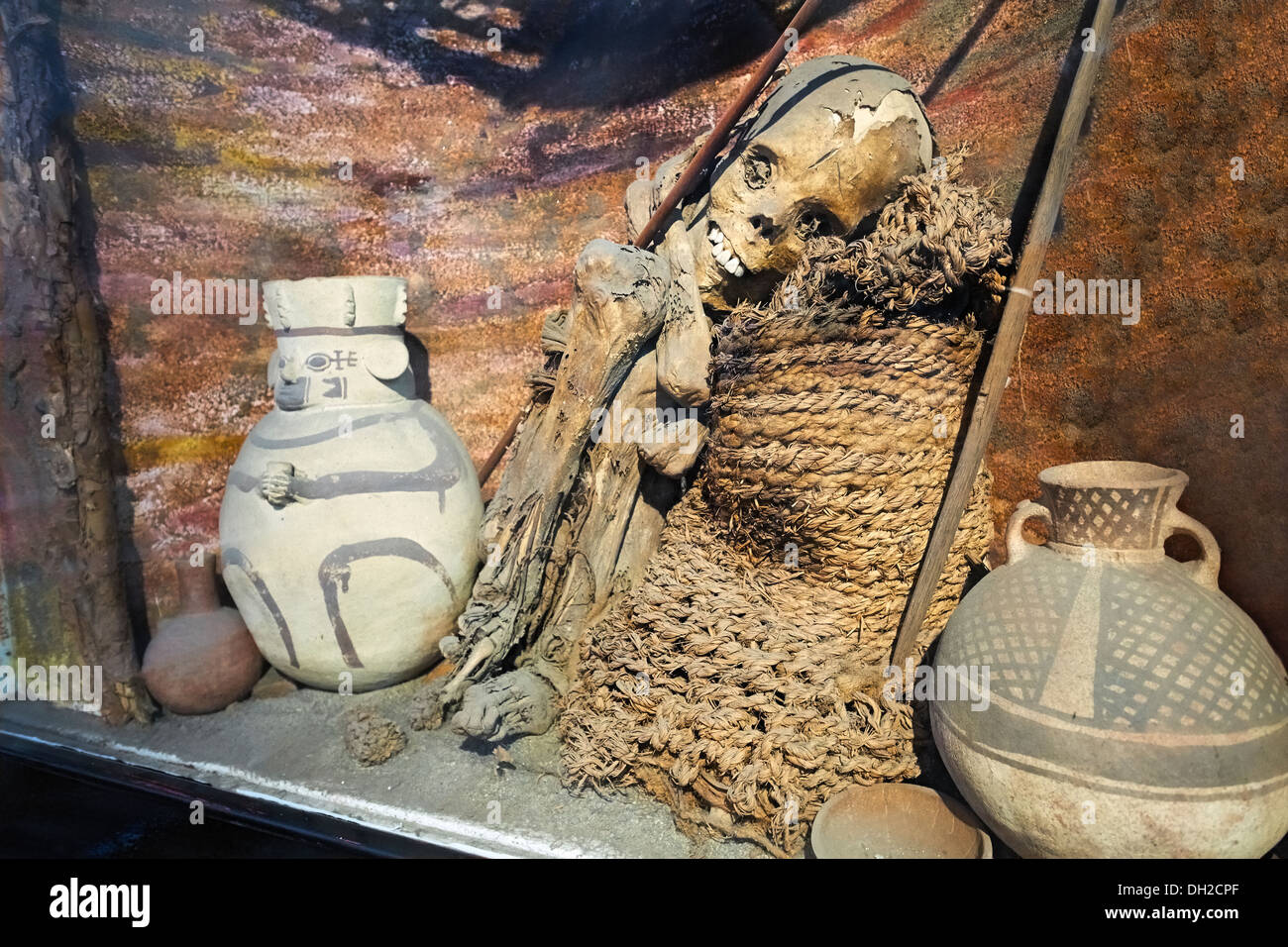 Une momie d'un sacrifice d'enfants au Musée d'Archéologie d'Ancash, Huaraz, Pérou. Banque D'Images