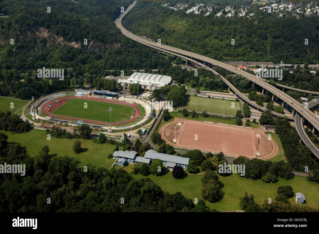 Vue aérienne, stade Oberwerth et sports hall, Koblenz, Rhénanie-Palatinat Banque D'Images