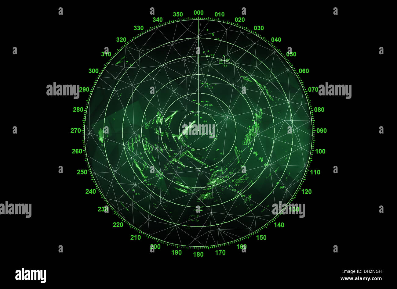 Écran radar moderne avec carte rond vert et le fil de la surface du cadre numérique sur fond noir Banque D'Images