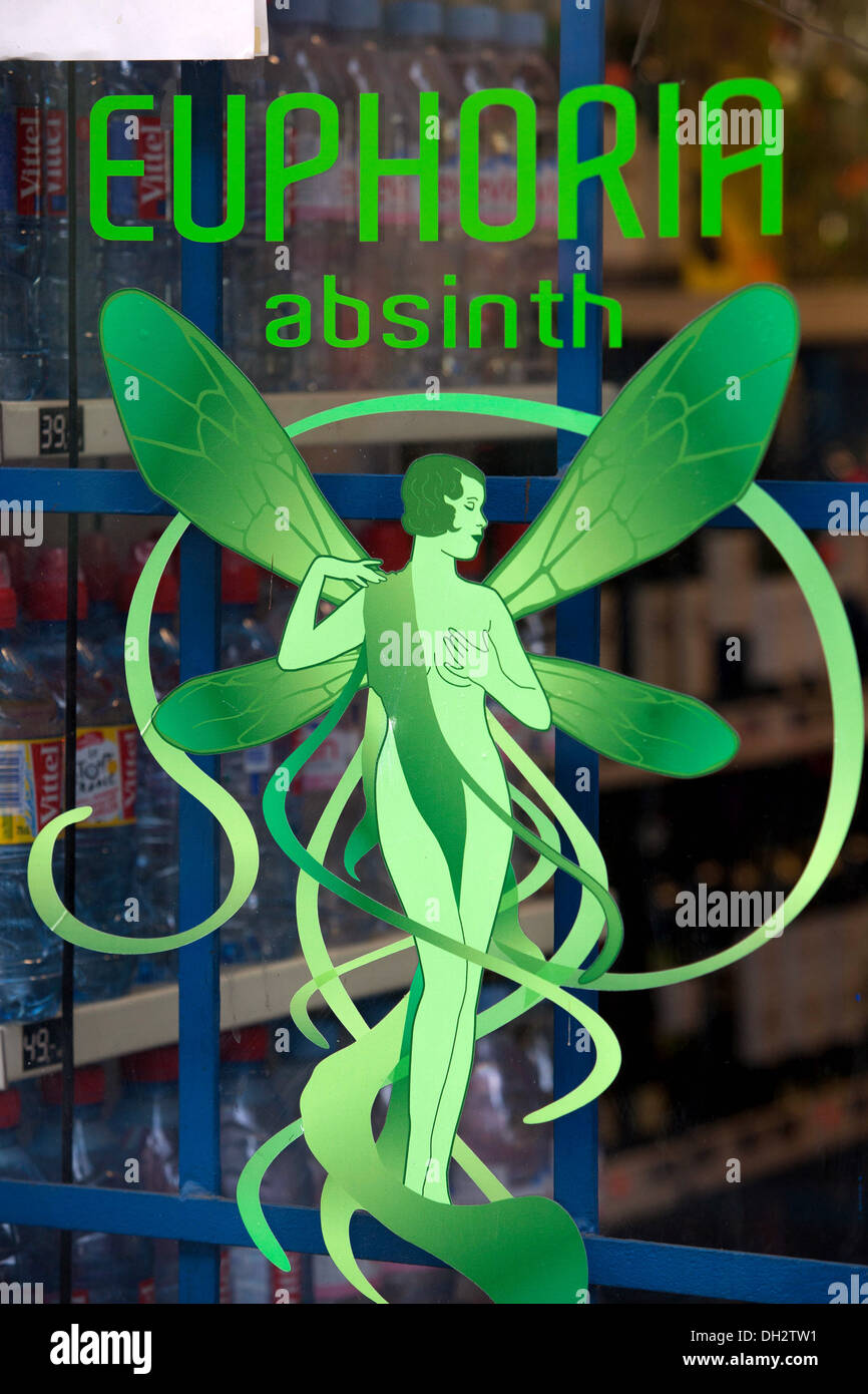 La fée absinthe sur store porte, Prague, la Bohême, République Tchèque Banque D'Images