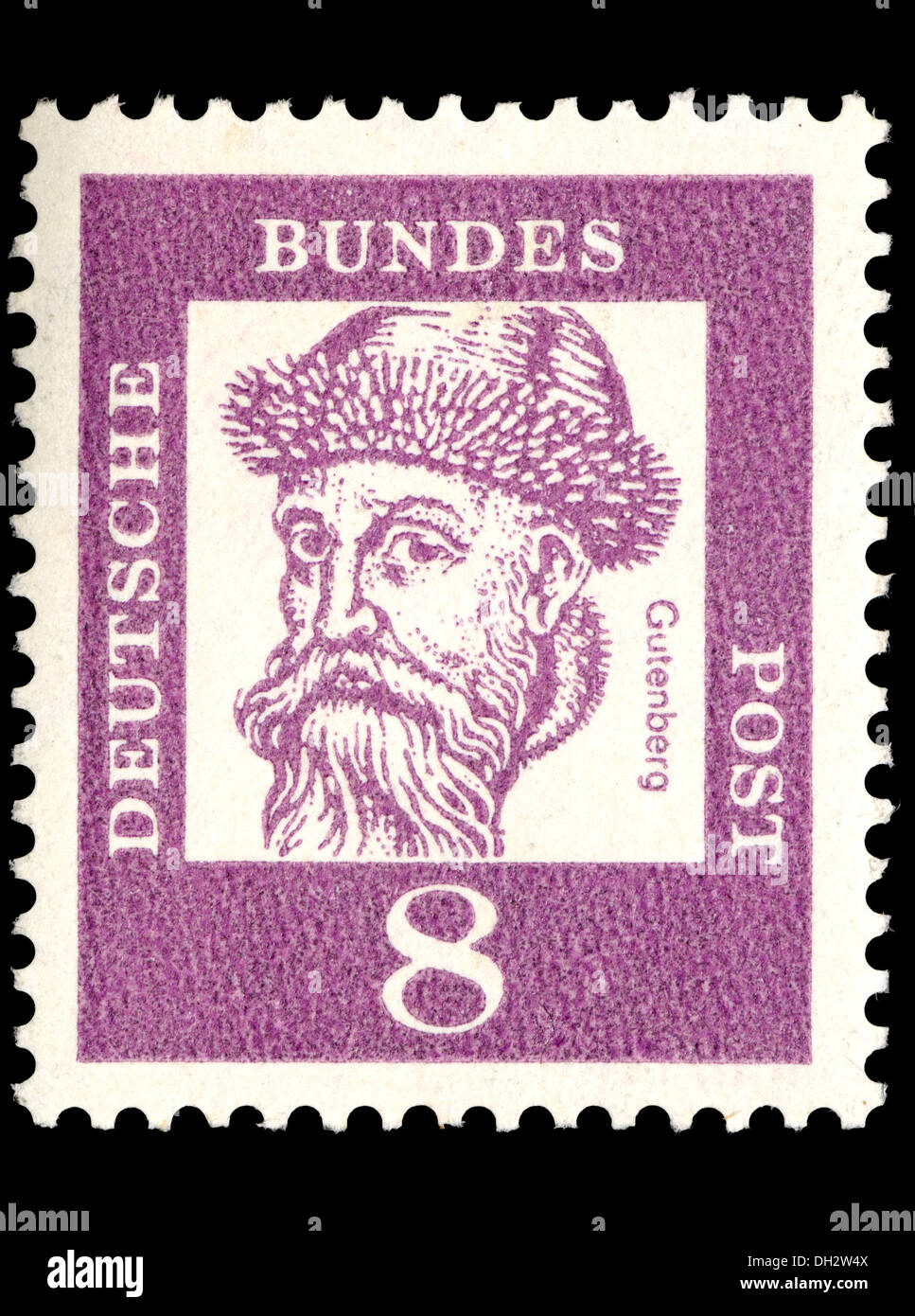Portrait de Johannes Gutenberg (1395-1468 : éditeur allemand, a introduit l'impression vers l'Europe, c1439) sur le timbre-poste allemand Banque D'Images