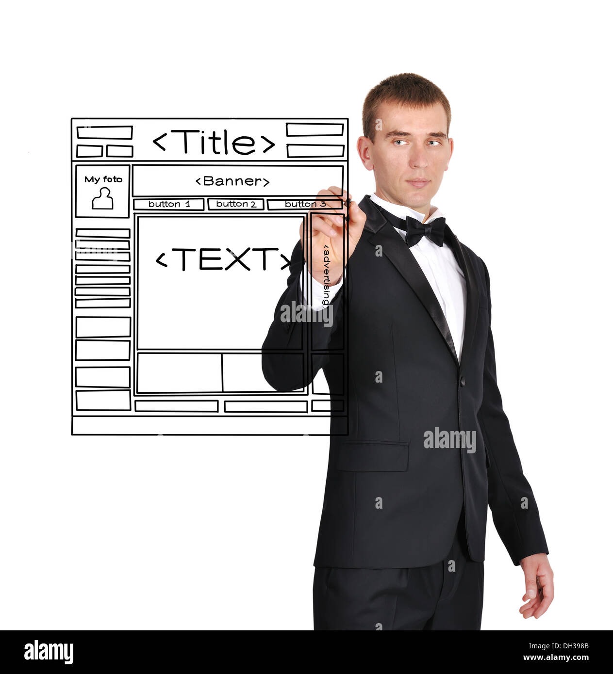 Man in tuxedo page web modèle de dessin Banque D'Images
