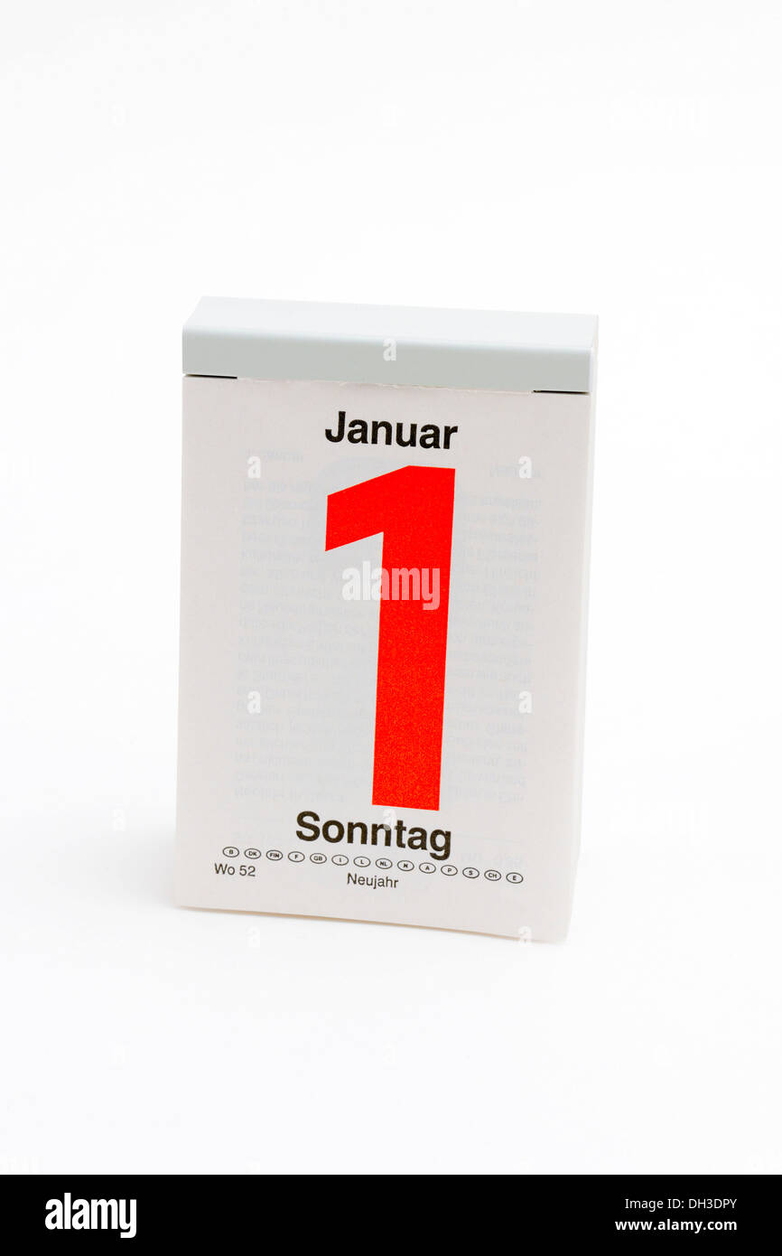 L'allemand calendrier de découpe, Dimanche, 1er janvier, jour de l'An Banque D'Images