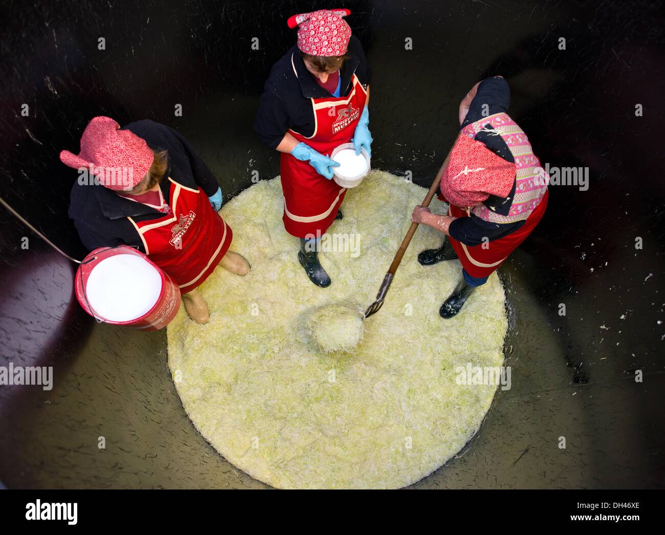 Les employés de l'Spreewaldmueller & Co. société stand dans un grand récipient à couper le chou blanc tramp dans Luebbenau, Allemagne, 30 octobre 2013. La choucroute, la production a commencé dans le Spreewald. Couper finement le chou est versé dans d'énormes récipients et le sel et le cumin extrait sont ajoutés. Après six à huit semaines, la choucroute peut être rempli. Le Chou qui a été fermenté par les bactéries lactiques différents a une longue durée de vie. La choucroute est considérée à l'échelle internationale comme l'un des plus célèbres plats nationale allemande. Photo : Patrick Pleul/ZB Banque D'Images