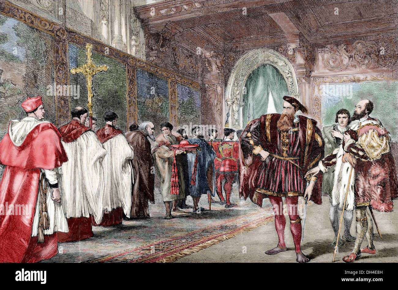 Le Cardinal Wolsey et le duc de Buckingham. La gravure à l'univers illustré, 1863. De couleur. Banque D'Images