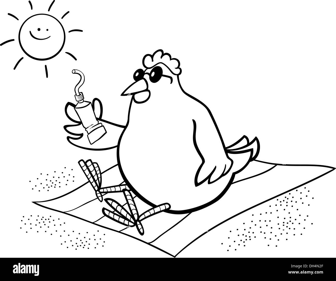 Illustration Cartoon noir et blanc de poulet ou de poule sur la plage avec la crème de bronzage pour Coloring Book Banque D'Images