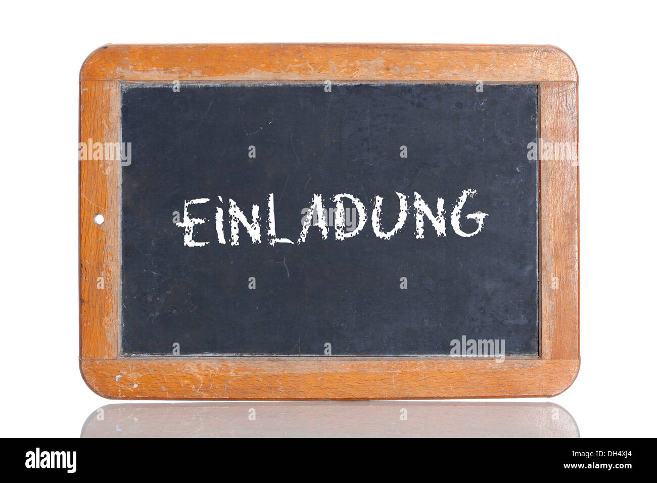 Ancienne école tableau noir avec le mot allemand pour l'Invitation Einladung, Banque D'Images