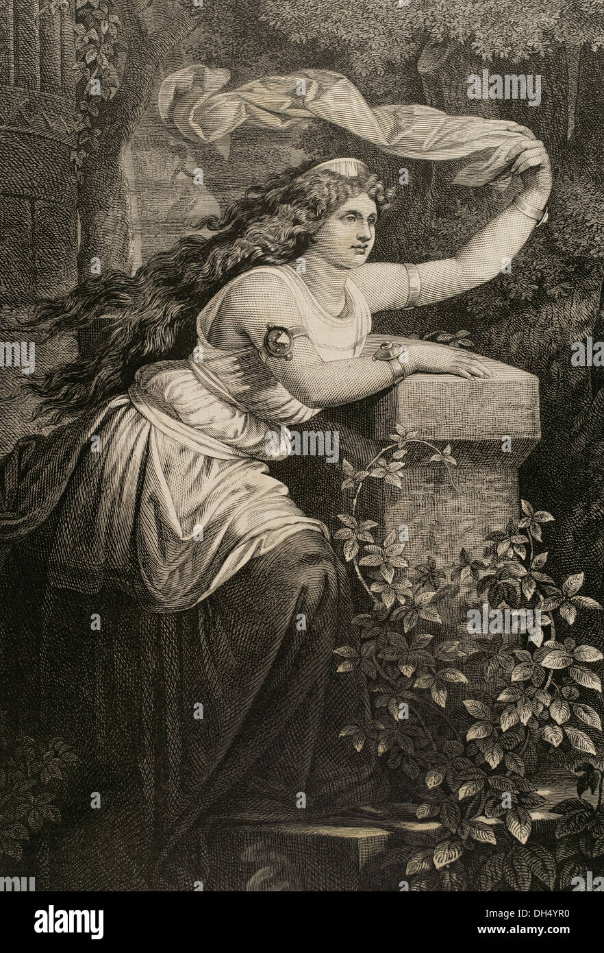 Iseult de l'Irlande. Princesse irlandaise. Gravure d'après une peinture de Teodoro Biris par A. Schurufter. L'Illustration, 1884. Banque D'Images