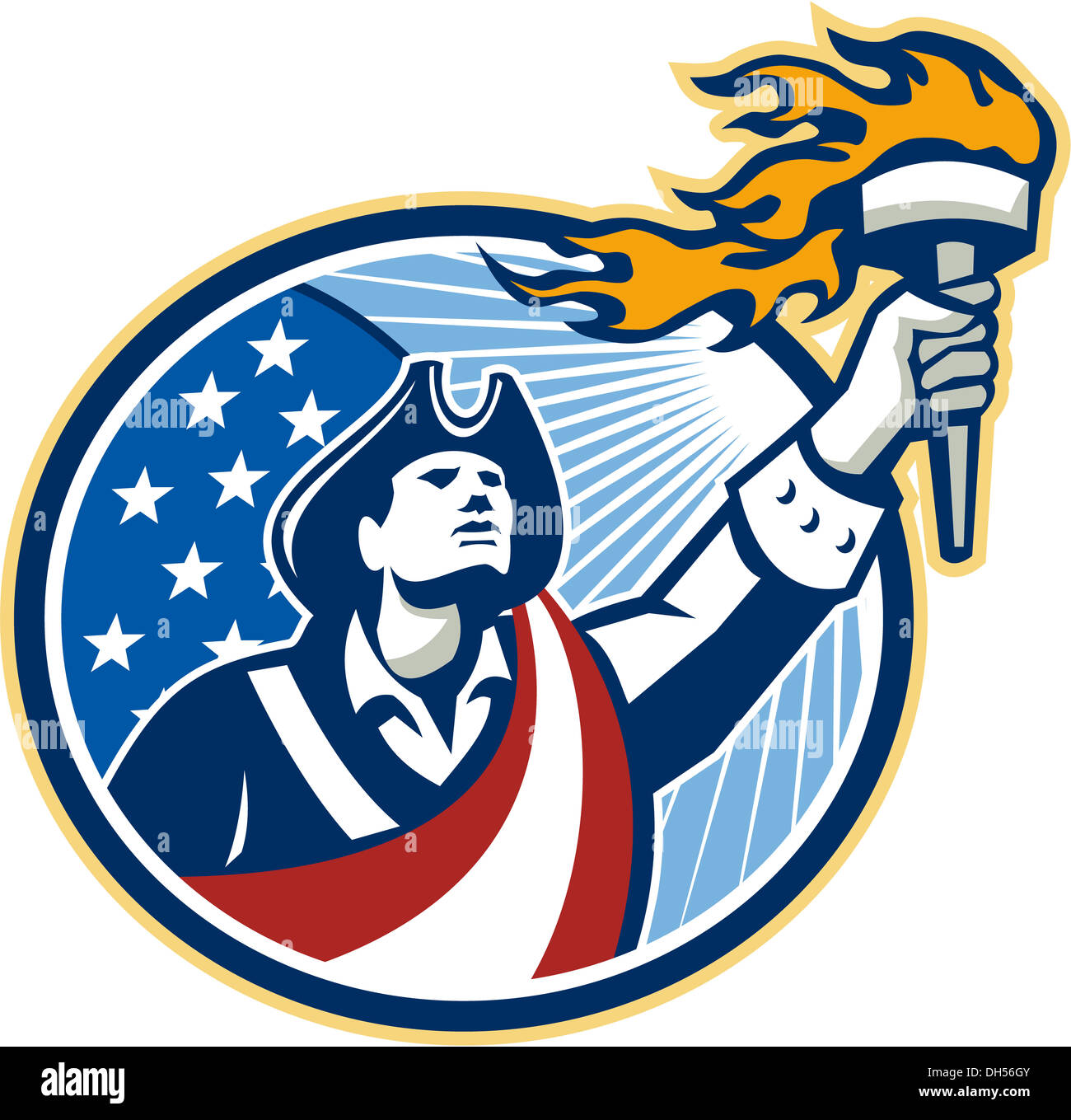 Illustration d'un patriote américain tenant une torche enflammée jusqu'à l'intérieur set ovale avec USA stars and stripes flag isolées sur fond blanc. Banque D'Images