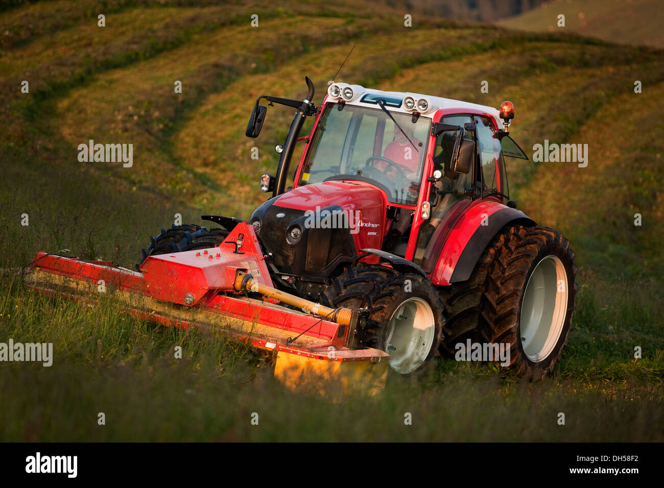 Le fauchage du foin, du tracteur Söll, district de Kufstein, Tyrol du Nord, Tirol, Autriche Banque D'Images