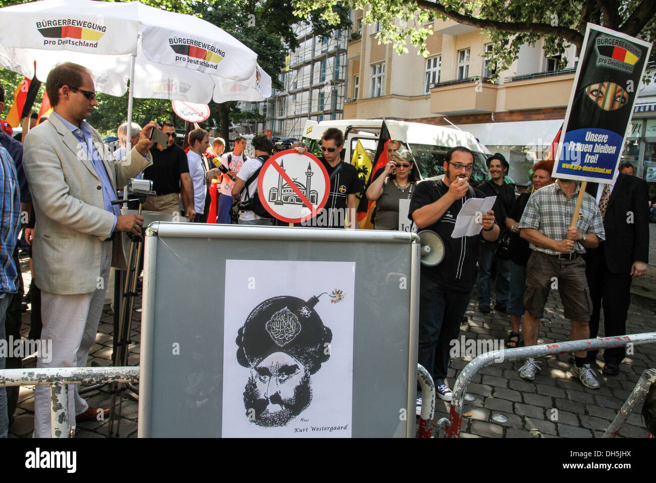 Mohammad caricature, Kurt Wesegaard, anti-Islam, rassemblement de protestation, vigile de la populiste de droite 'Pro-Germany' partie dans Banque D'Images