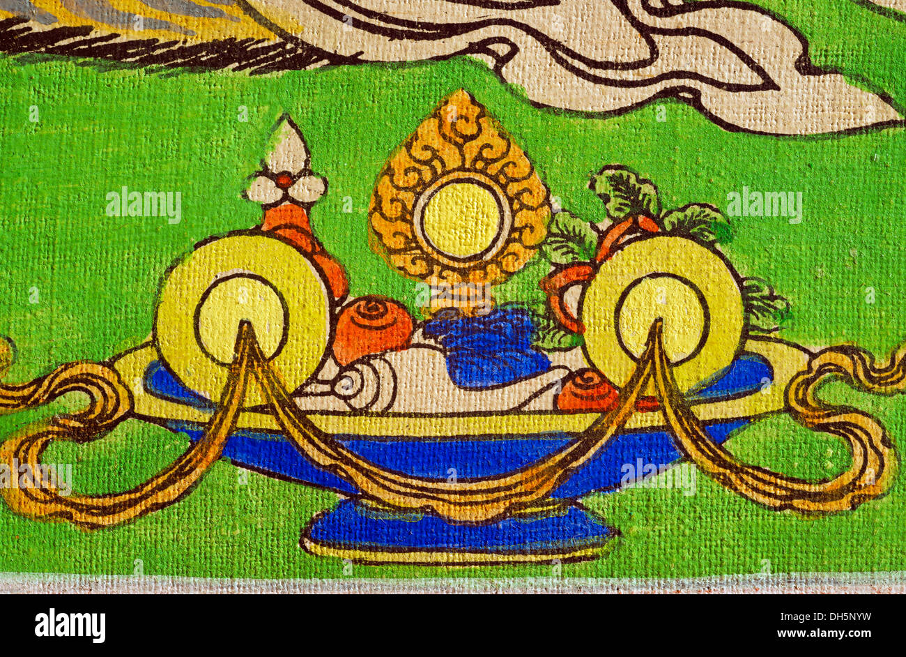 Bol offre avec des ingrédients pour symboliser les cinq sens, la représentation sur un scroll, thangka du bouddhisme tantrique Banque D'Images