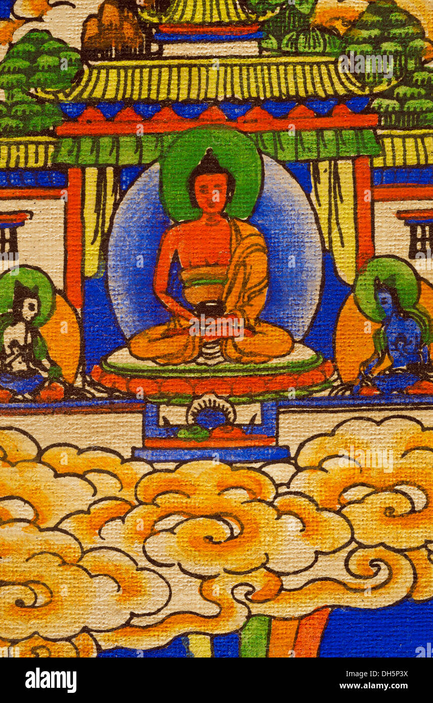 Bouddha assis sur un trône de lotus, représentation sur une peinture, une thangka du bouddhisme tantrique, méditation, mandala Banque D'Images
