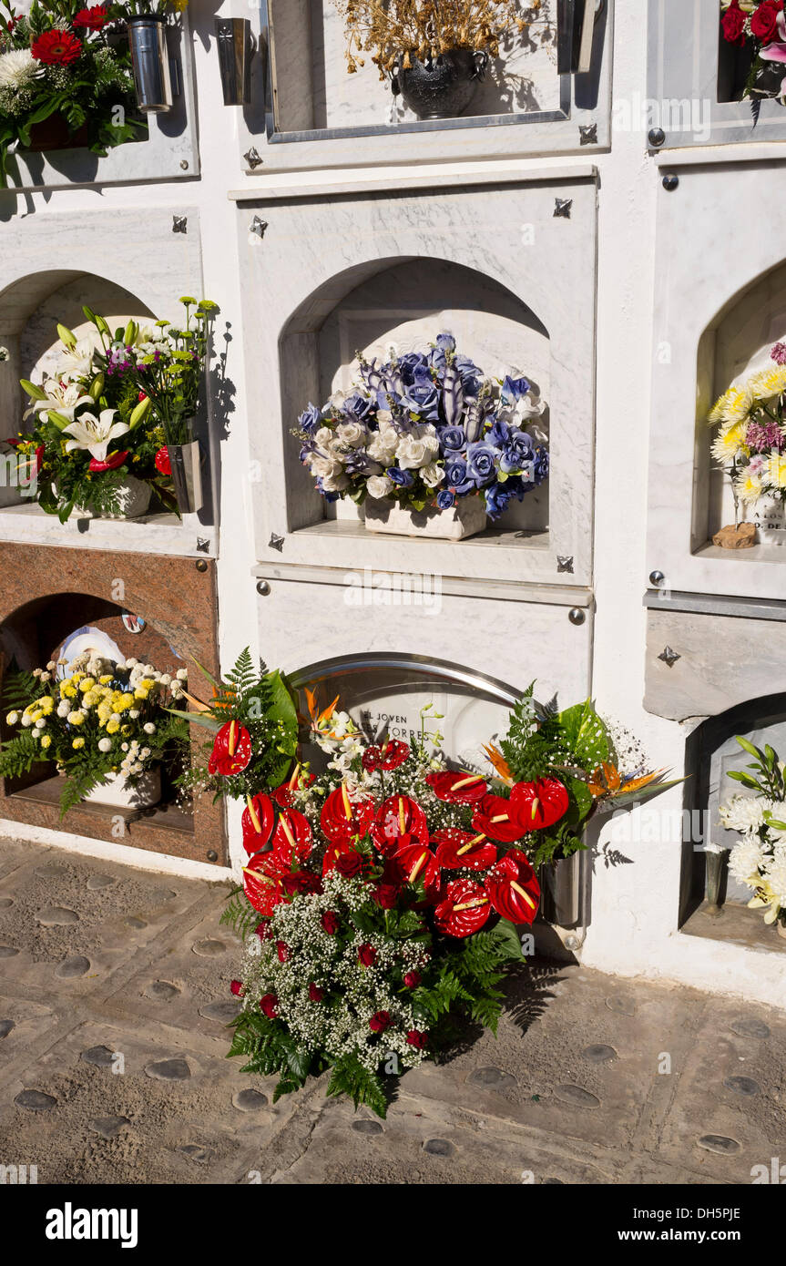 Tenerife, Canaries, Espagne. 06Th Nov, 2013. Fête des morts, Dia de los muertos, toutes les âmes 24. La famille visiter la tombe de leurs défunts membres de la famille et les décorer avec des fleurs en souvenir. Cimetière Municipal de Guia de Isora, Tenerife, Canaries, Espagne. Credit : Phil Crean A/Alamy Live News Banque D'Images