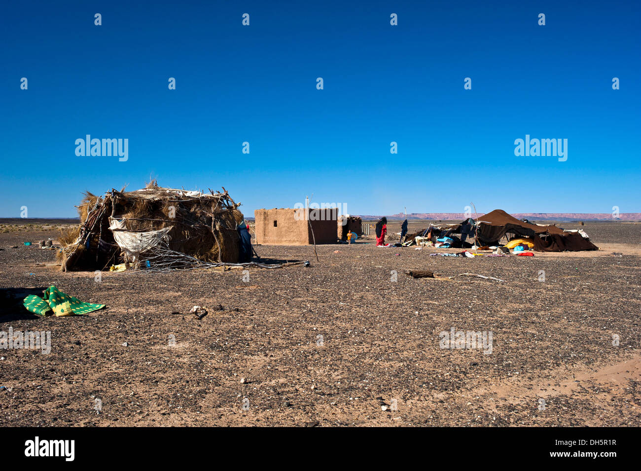 Tente nomade et des logements d'une famille nomade, sur un plateau désert pierreux, Hamada, l'Erg Chebbi, dans le sud du Maroc, Maroc, Afrique Banque D'Images