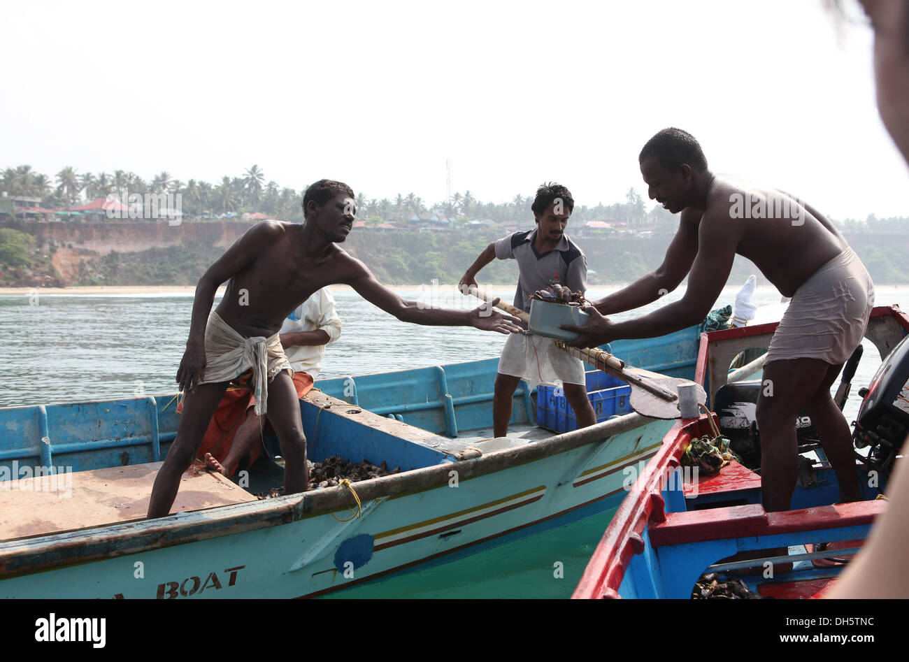 Les pêcheurs de moules locales dans leur bateau au large de la côte, Munnar, Kerala, Inde, Asie Banque D'Images