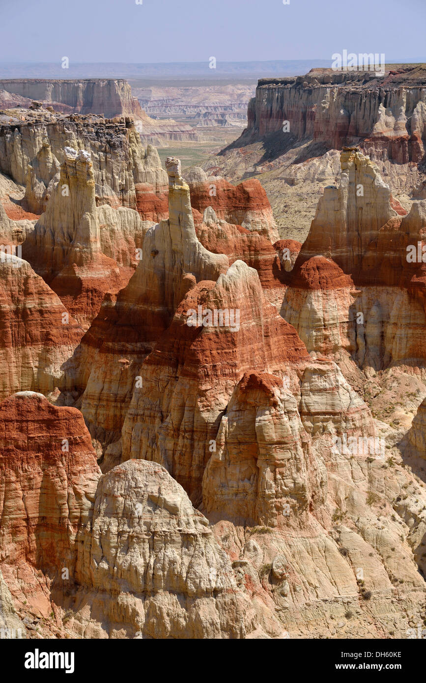 Des formations rocheuses érodées et hoodoos décoloré par les minéraux de la mine de charbon de la mine de charbon de Canyon, Mesa, Painted Desert, réserve Hopi Banque D'Images