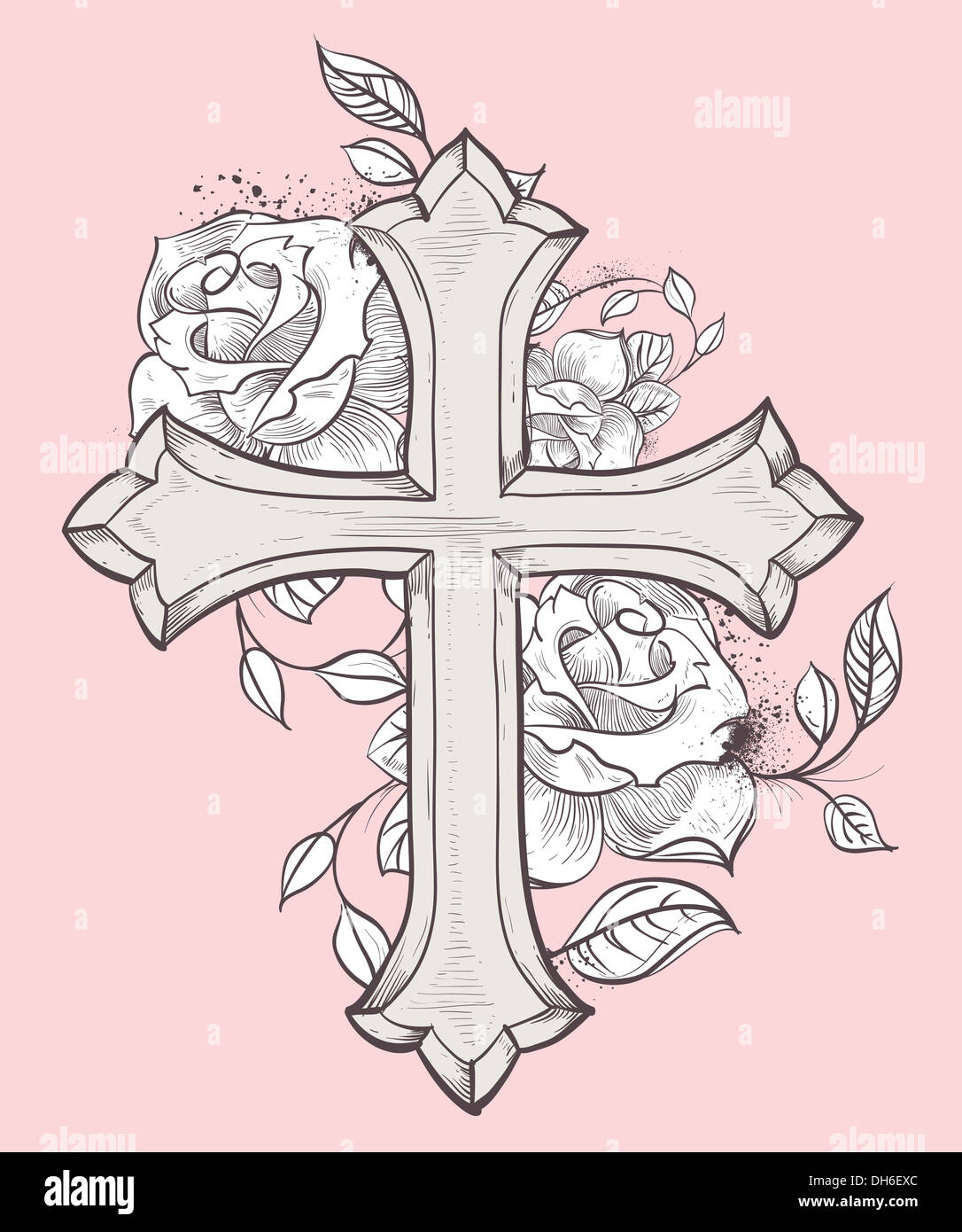 Belle illustration vectorielle avec croix dessiné à la main et les roses Banque D'Images