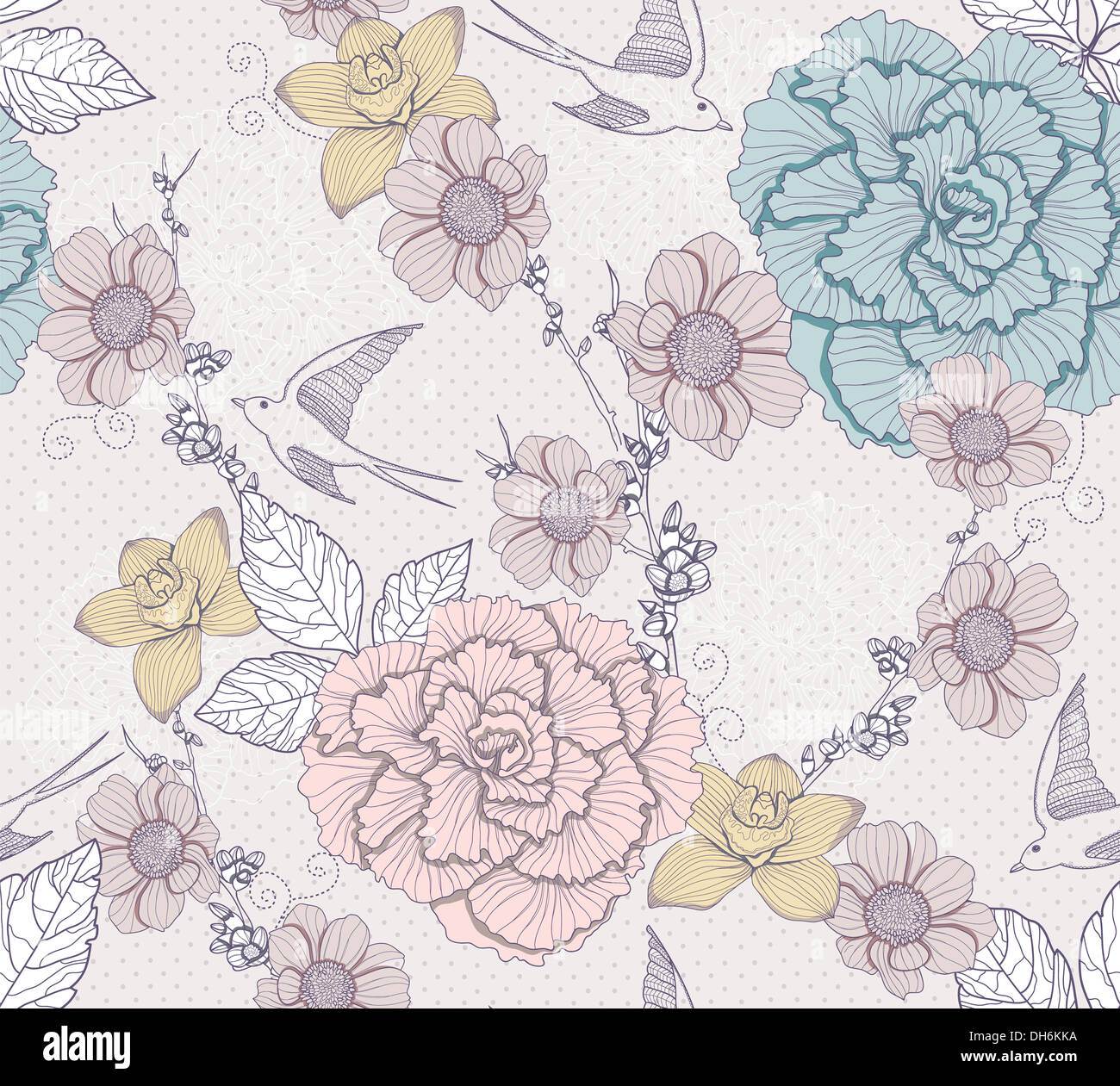 Motif florale. Modèle transparent avec fleurs et oiseaux. Élégant et romantique de fond avec les hirondelles. Banque D'Images