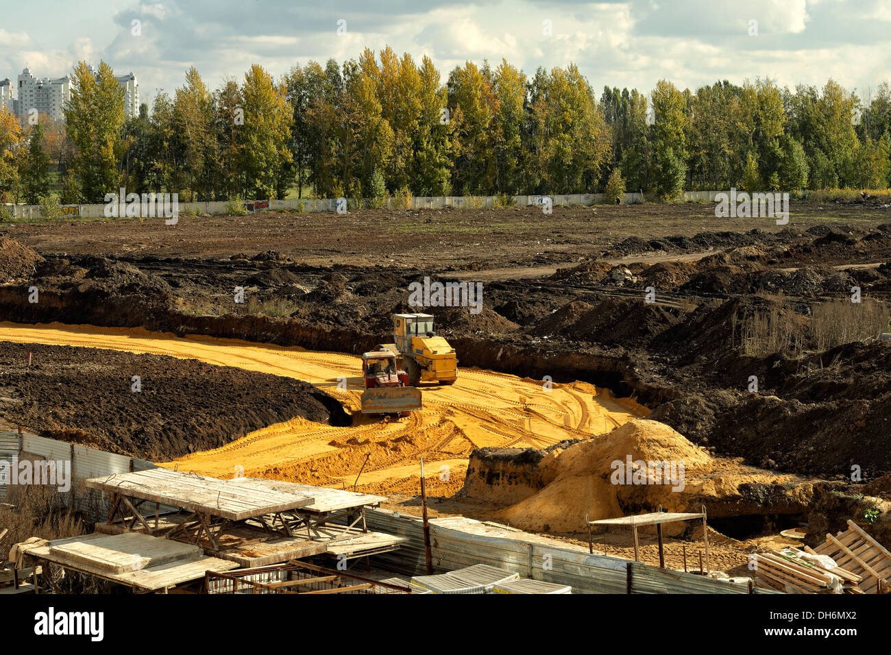 Ouvrir, chaussée, travaux, machines, à l'extérieur, de travaux, de crawler, terre, chemin, pavage, linge, route, construction, travaux, ciel, Banque D'Images