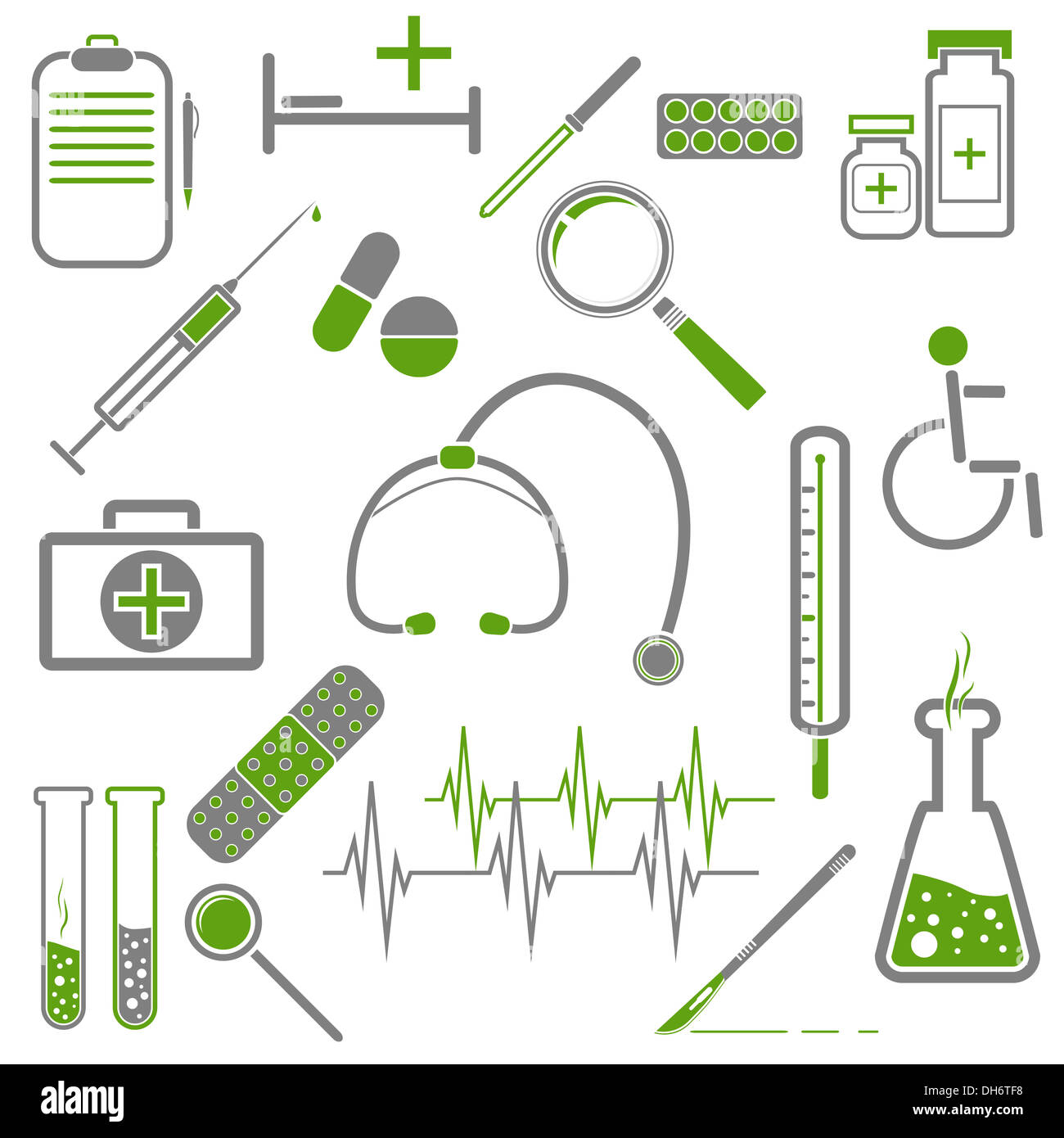 Ensemble d'icônes médicale avec des couleurs vert et gris. Banque D'Images