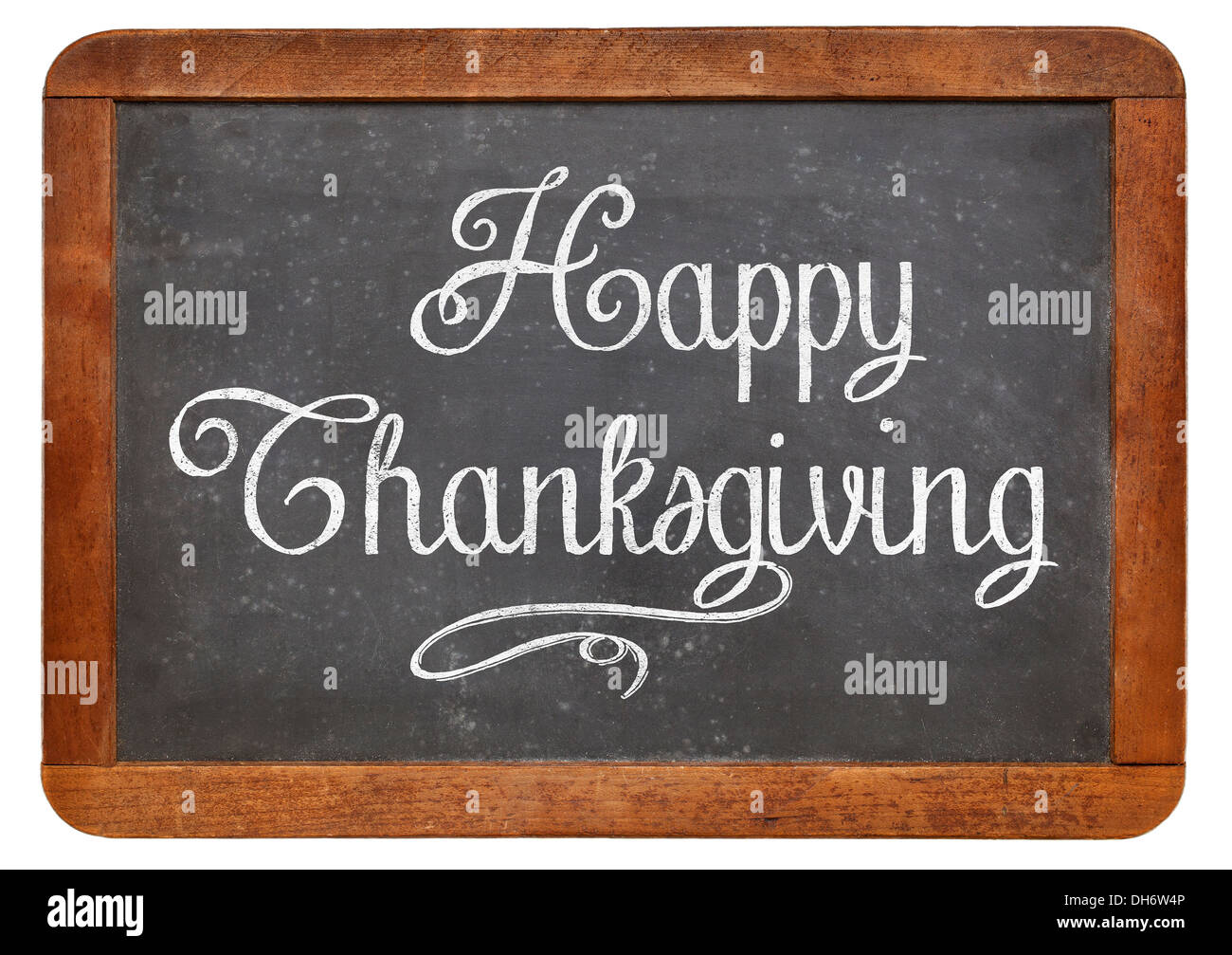 Joyeux Thanksgiving - écriture à la craie blanche sur un tableau noir ardoise vintage isolated on white Banque D'Images