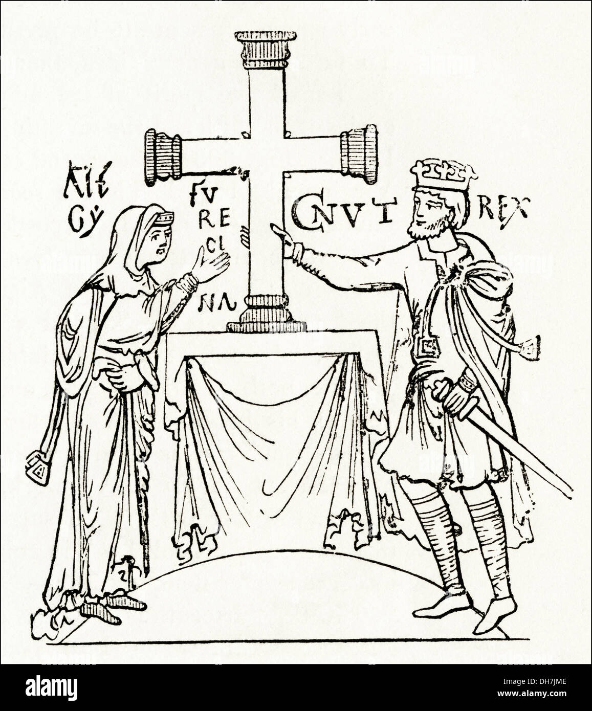 L'Angleterre anglo-saxonne. Le roi Canut et sa reine, 11e siècle anglo-saxonne. Circa 1845 gravure sur bois de l'époque victorienne. Banque D'Images