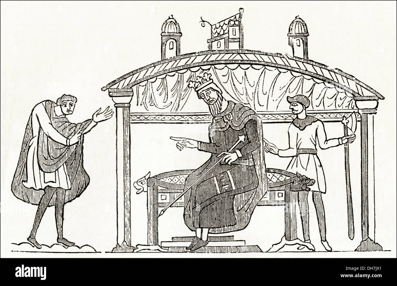 L'Angleterre anglo-saxonne. Harold s'exprimant avec King Edward à son retour de Normandie, 11e siècle Anglo-Saxon de la Tapisserie de Bayeux. Circa 1845 gravure sur bois de l'époque victorienne. Banque D'Images