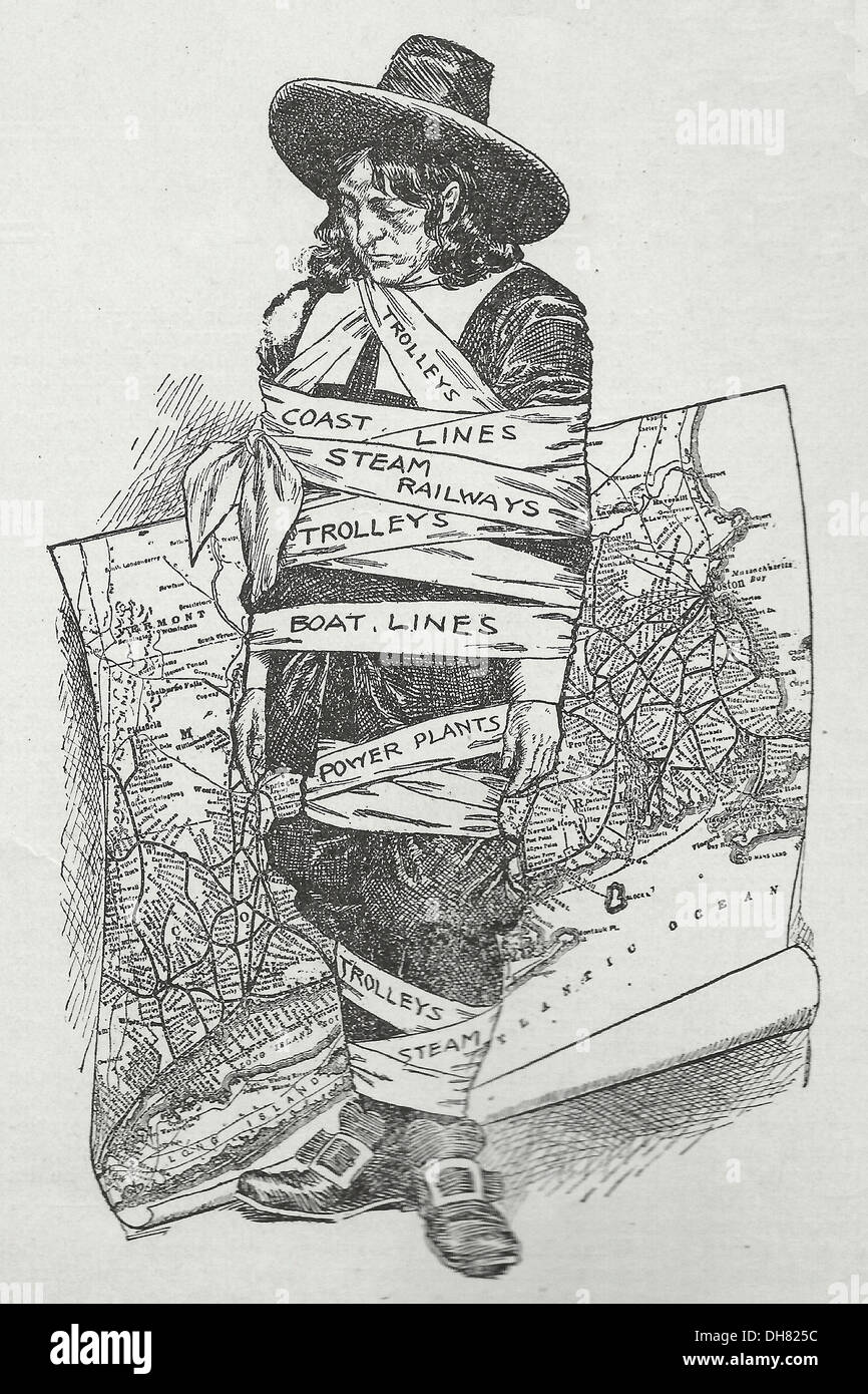 Caricature politique montrant Pilgrim attaché par monopole de transport/fret lines combien de temps faudra-t-il supporter la Nouvelle Angleterre - Monopole sur les lignes de transport de fret - 1907 Banque D'Images