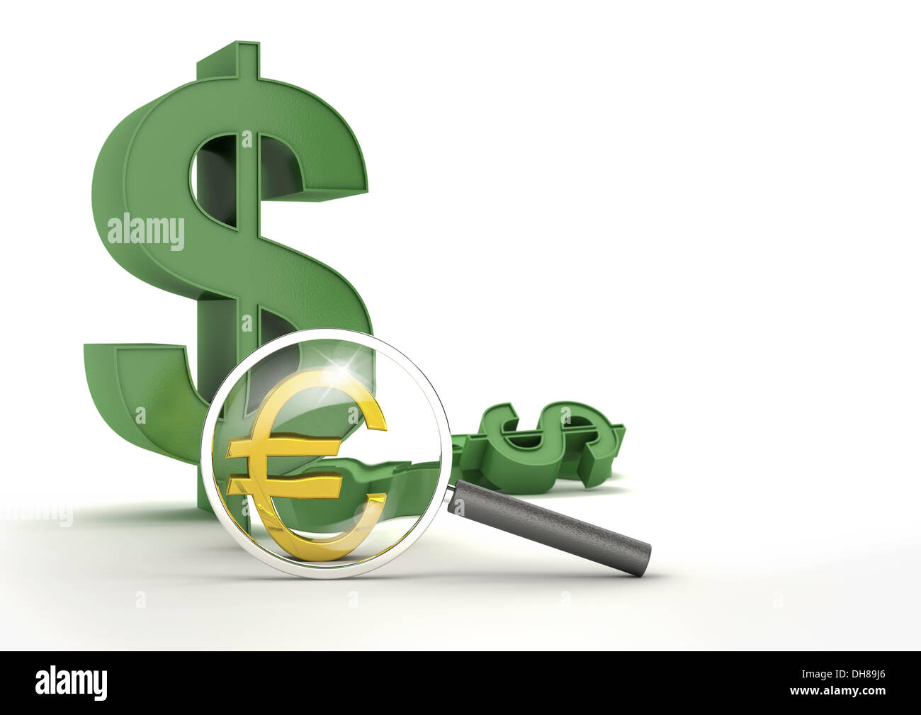 Signe Euro vu à travers une loupe, le signe dollar derrière, concept de droit pour service Banque D'Images