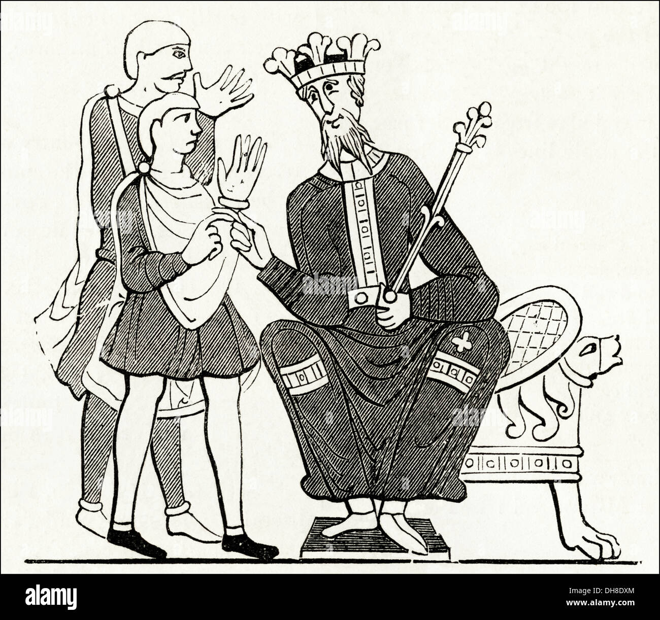 L'Angleterre anglo-saxonne. Parlant d'Anglo-Saxon Harold le roi Édouard le Confesseur avant son départ pour la Normandie à partir de la Tapisserie de Bayeux. Circa 1845 gravure sur bois de l'époque victorienne. Banque D'Images